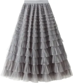GOLDSTITCH Tulle Skirts for Women Long Fairy Skirt Tutu A-Line Mesh Layered High Elastic Waist Skirts