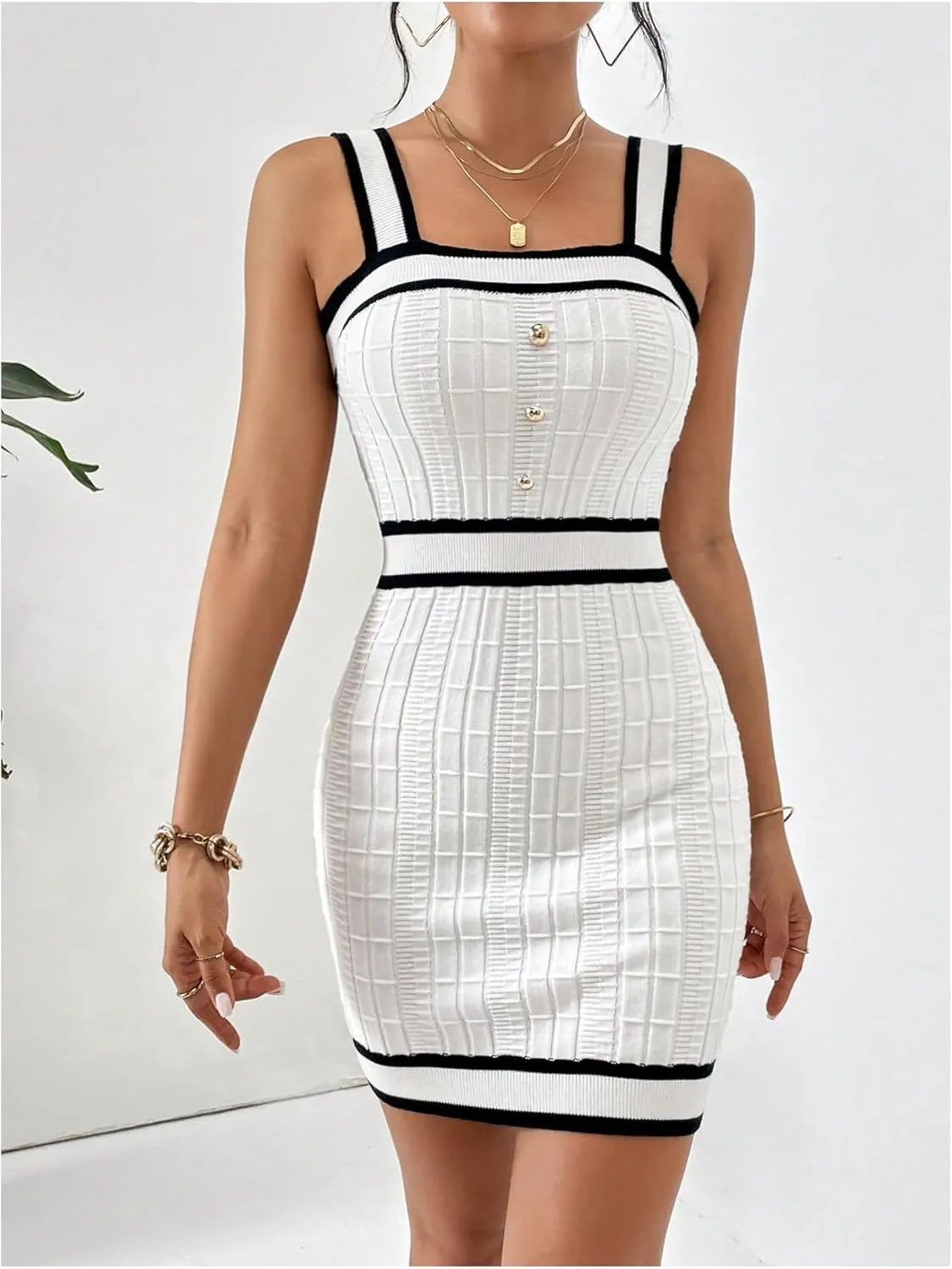 GORGLITTER Women's Striped Knit Mini Sweater Dress Button Sleeveless Square Neck Bodycon Tank Dresses