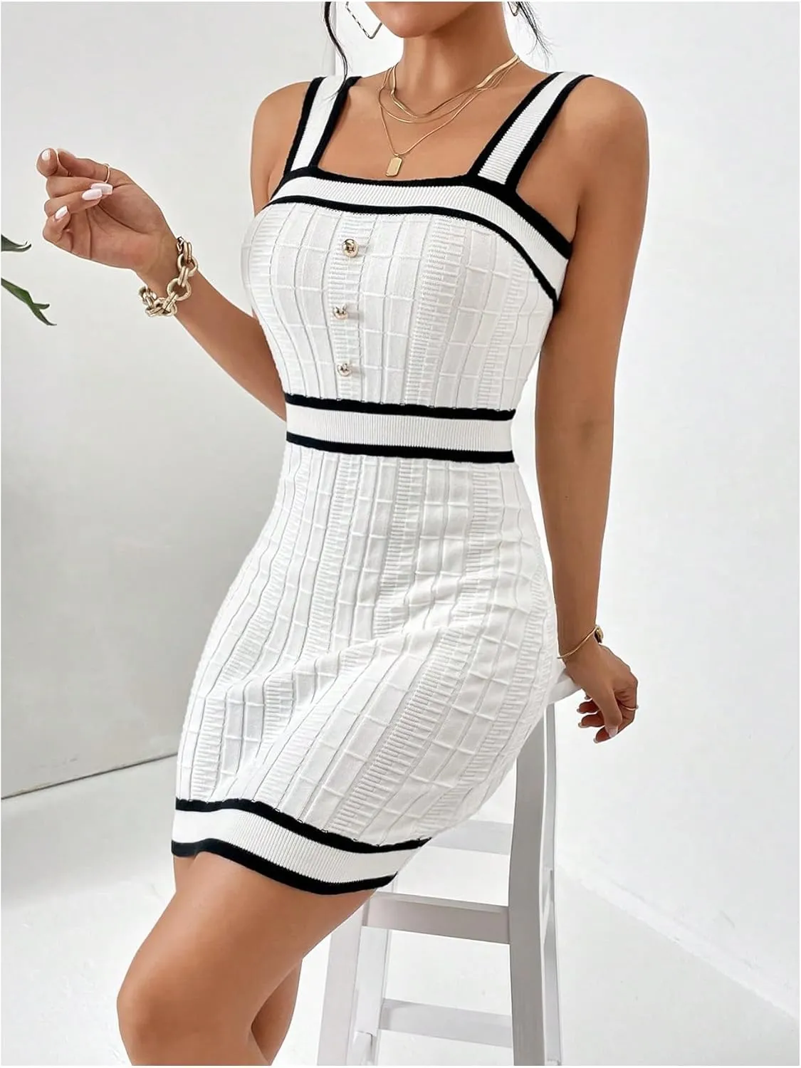 GORGLITTER Women's Striped Knit Mini Sweater Dress Button Sleeveless Square Neck Bodycon Tank Dresses