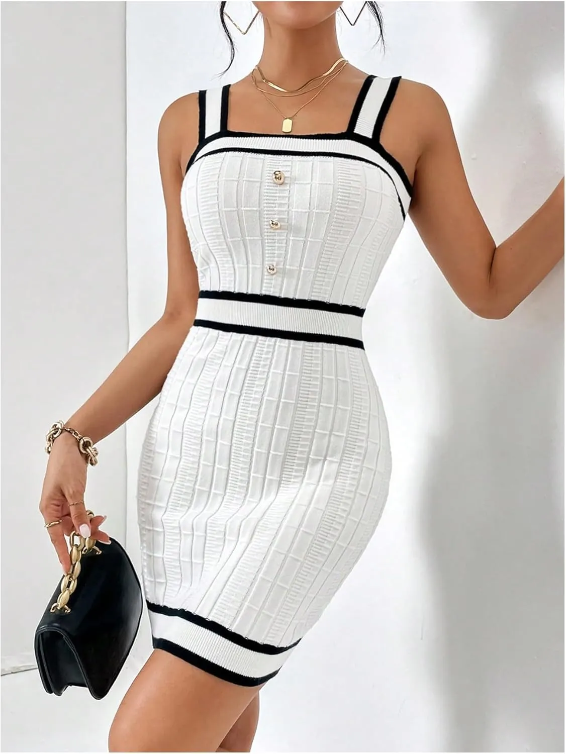 GORGLITTER Women's Striped Knit Mini Sweater Dress Button Sleeveless Square Neck Bodycon Tank Dresses