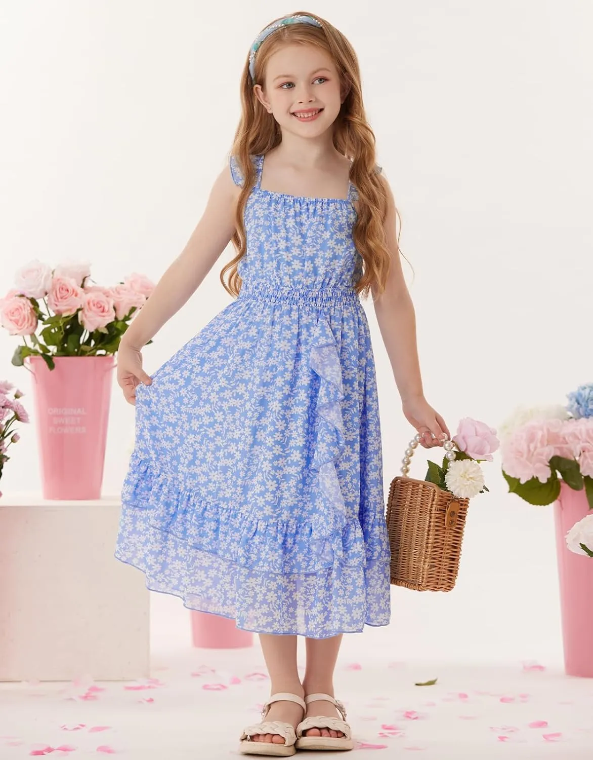 GRACE KARIN Girls Floral Dress Summer Backless Chiffon Sleeveless Casual Boho Maxi Dresses 5-14Y