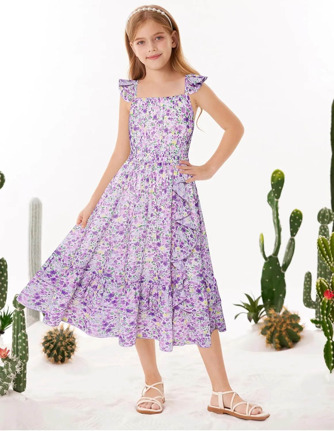 GRACE KARIN Girls Floral Dress Summer Backless Chiffon Sleeveless Casual Boho Maxi Dresses 5-14Y