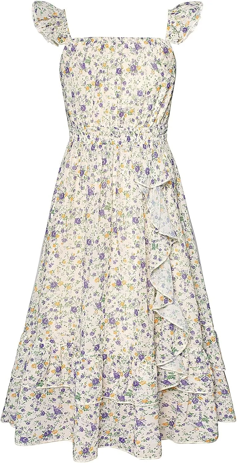 GRACE KARIN Girls Floral Dress Summer Backless Chiffon Sleeveless Casual Boho Maxi Dresses 5-14Y