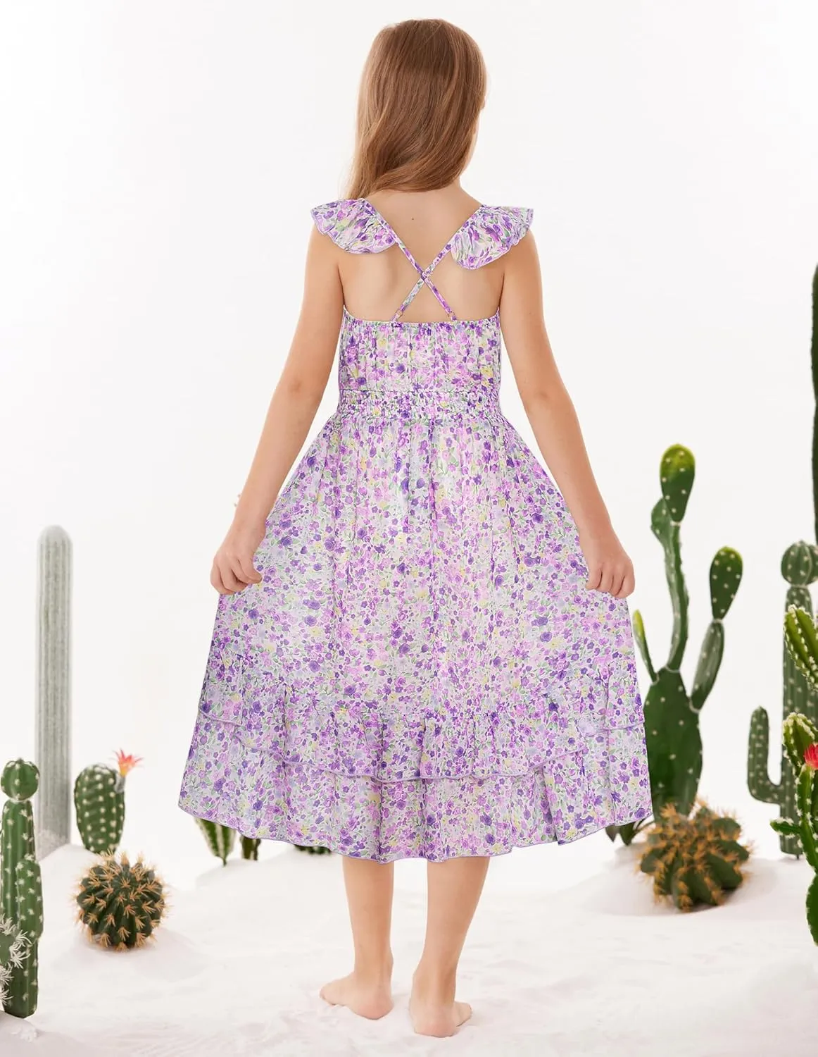 GRACE KARIN Girls Floral Dress Summer Backless Chiffon Sleeveless Casual Boho Maxi Dresses 5-14Y