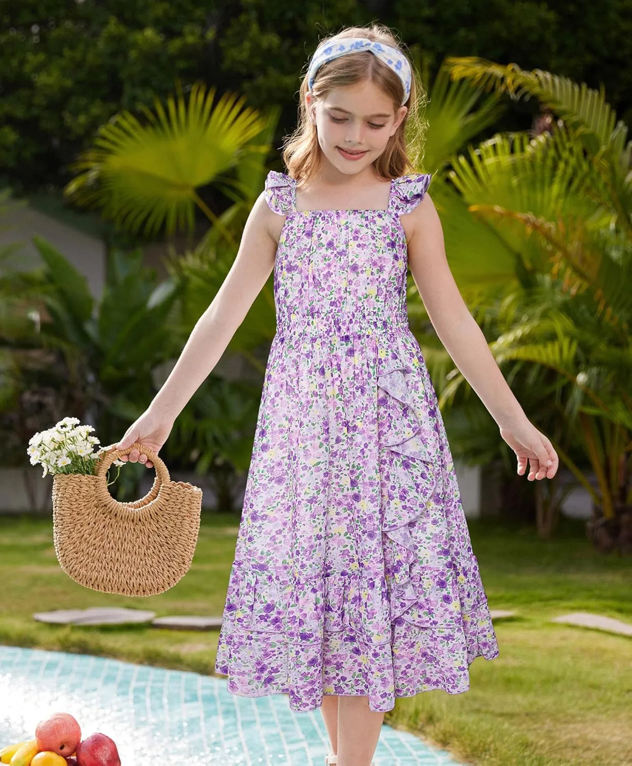 GRACE KARIN Girls Floral Dress Summer Backless Chiffon Sleeveless Casual Boho Maxi Dresses 5-14Y