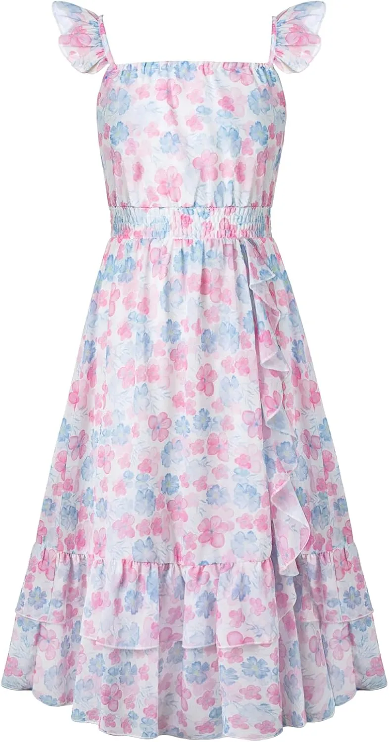GRACE KARIN Girls Floral Dress Summer Backless Chiffon Sleeveless Casual Boho Maxi Dresses 5-14Y