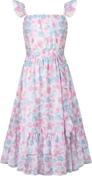 GRACE KARIN Girls Floral Dress Summer Backless Chiffon Sleeveless Casual Boho Maxi Dresses 5-14Y