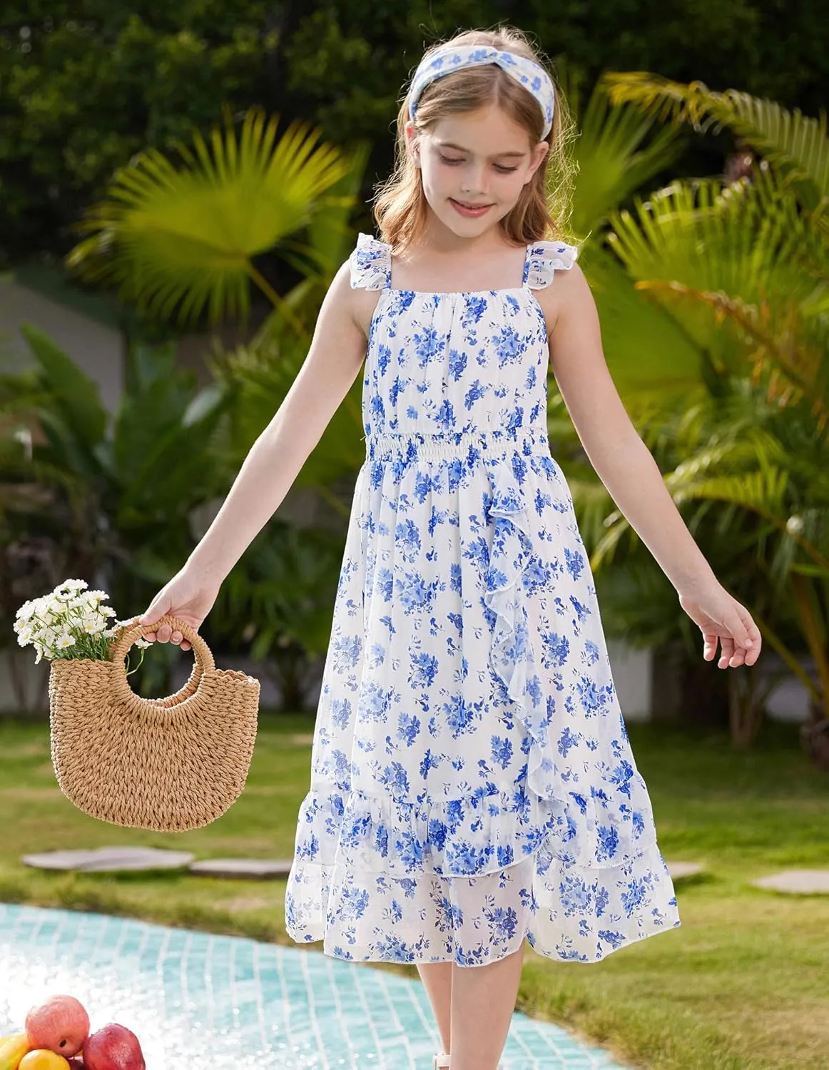 GRACE KARIN Girls Floral Dress Summer Backless Chiffon Sleeveless Casual Boho Maxi Dresses 5-14Y