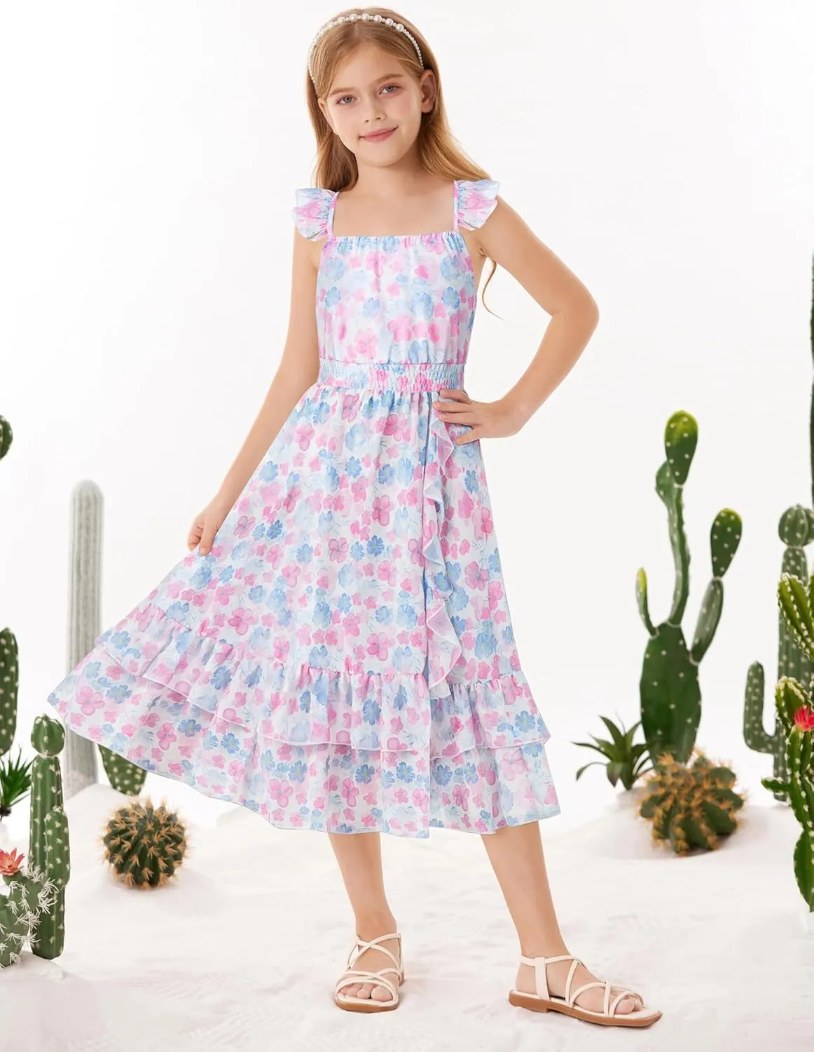 GRACE KARIN Girls Floral Dress Summer Backless Chiffon Sleeveless Casual Boho Maxi Dresses 5-14Y