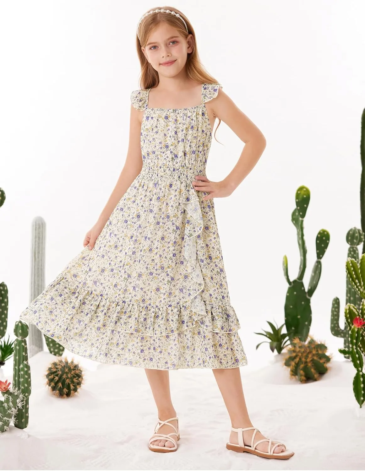 GRACE KARIN Girls Floral Dress Summer Backless Chiffon Sleeveless Casual Boho Maxi Dresses 5-14Y