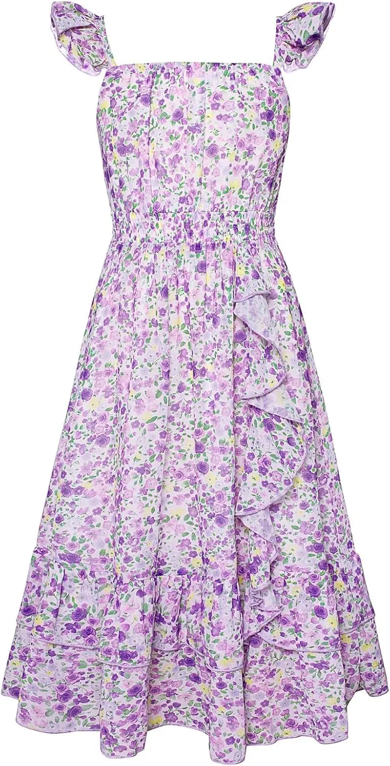 GRACE KARIN Girls Floral Dress Summer Backless Chiffon Sleeveless Casual Boho Maxi Dresses 5-14Y