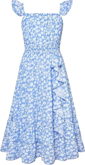 GRACE KARIN Girls Floral Dress Summer Backless Chiffon Sleeveless Casual Boho Maxi Dresses 5-14Y