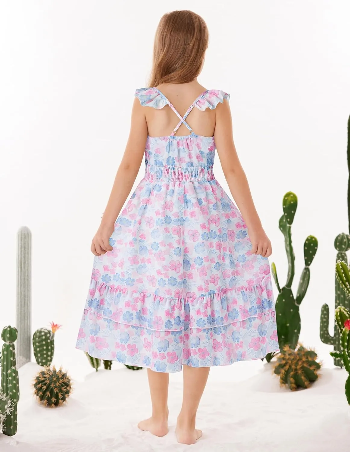 GRACE KARIN Girls Floral Dress Summer Backless Chiffon Sleeveless Casual Boho Maxi Dresses 5-14Y