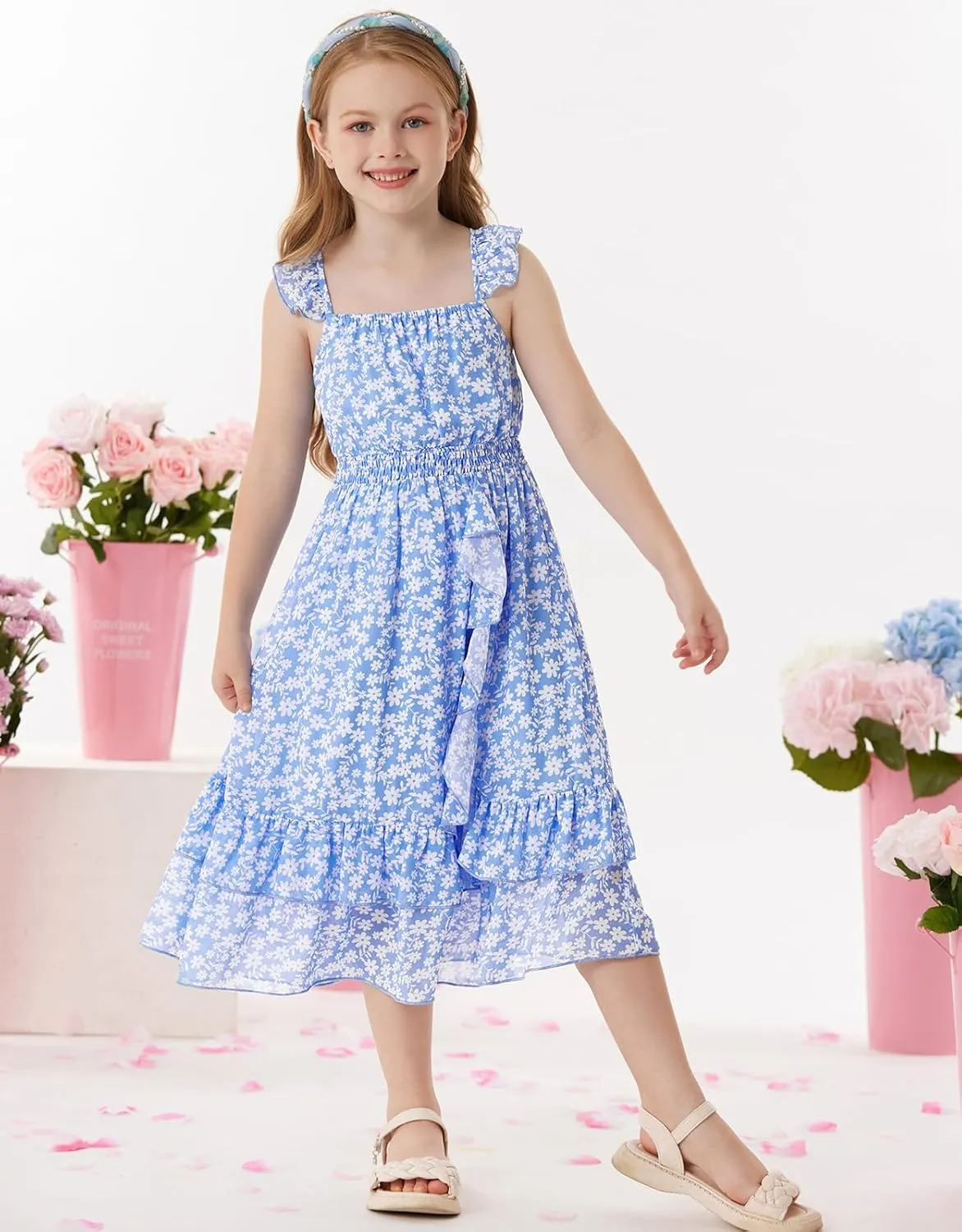 GRACE KARIN Girls Floral Dress Summer Backless Chiffon Sleeveless Casual Boho Maxi Dresses 5-14Y