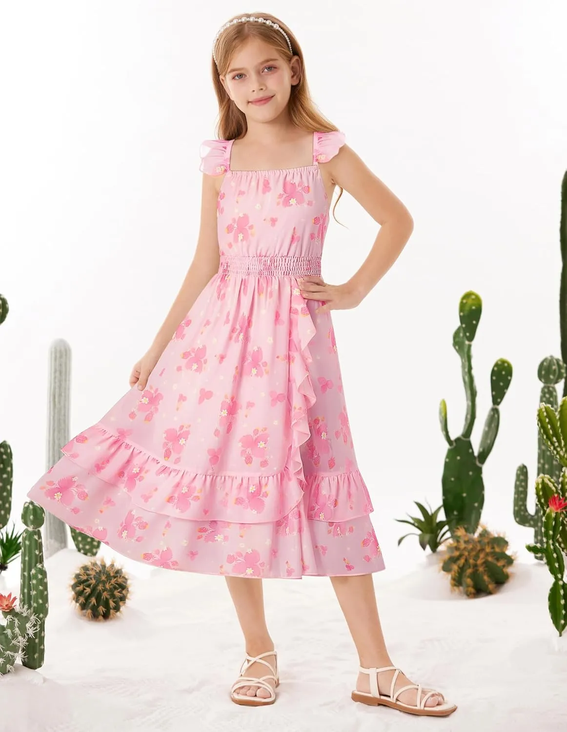 GRACE KARIN Girls Floral Dress Summer Backless Chiffon Sleeveless Casual Boho Maxi Dresses 5-14Y