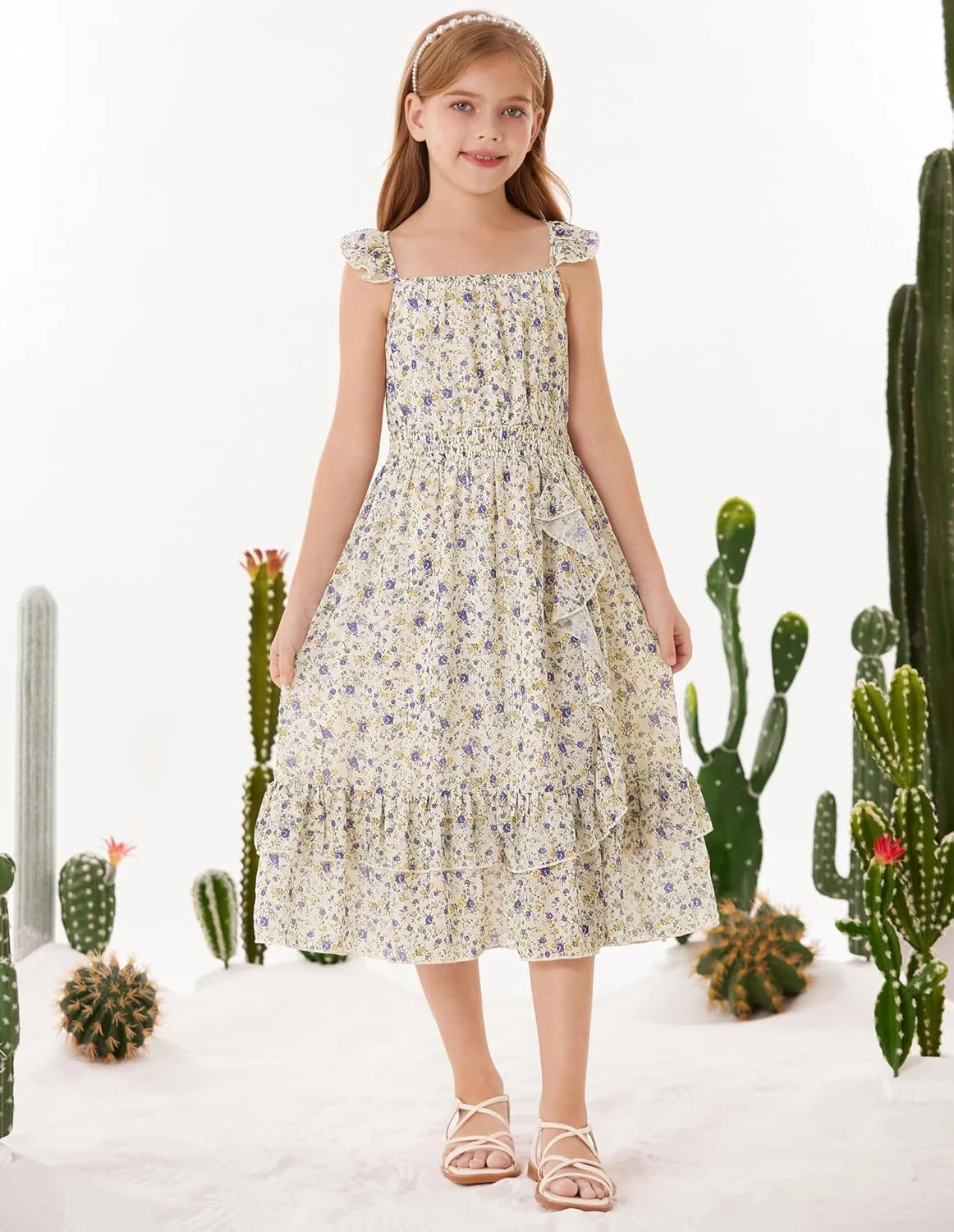 GRACE KARIN Girls Floral Dress Summer Backless Chiffon Sleeveless Casual Boho Maxi Dresses 5-14Y