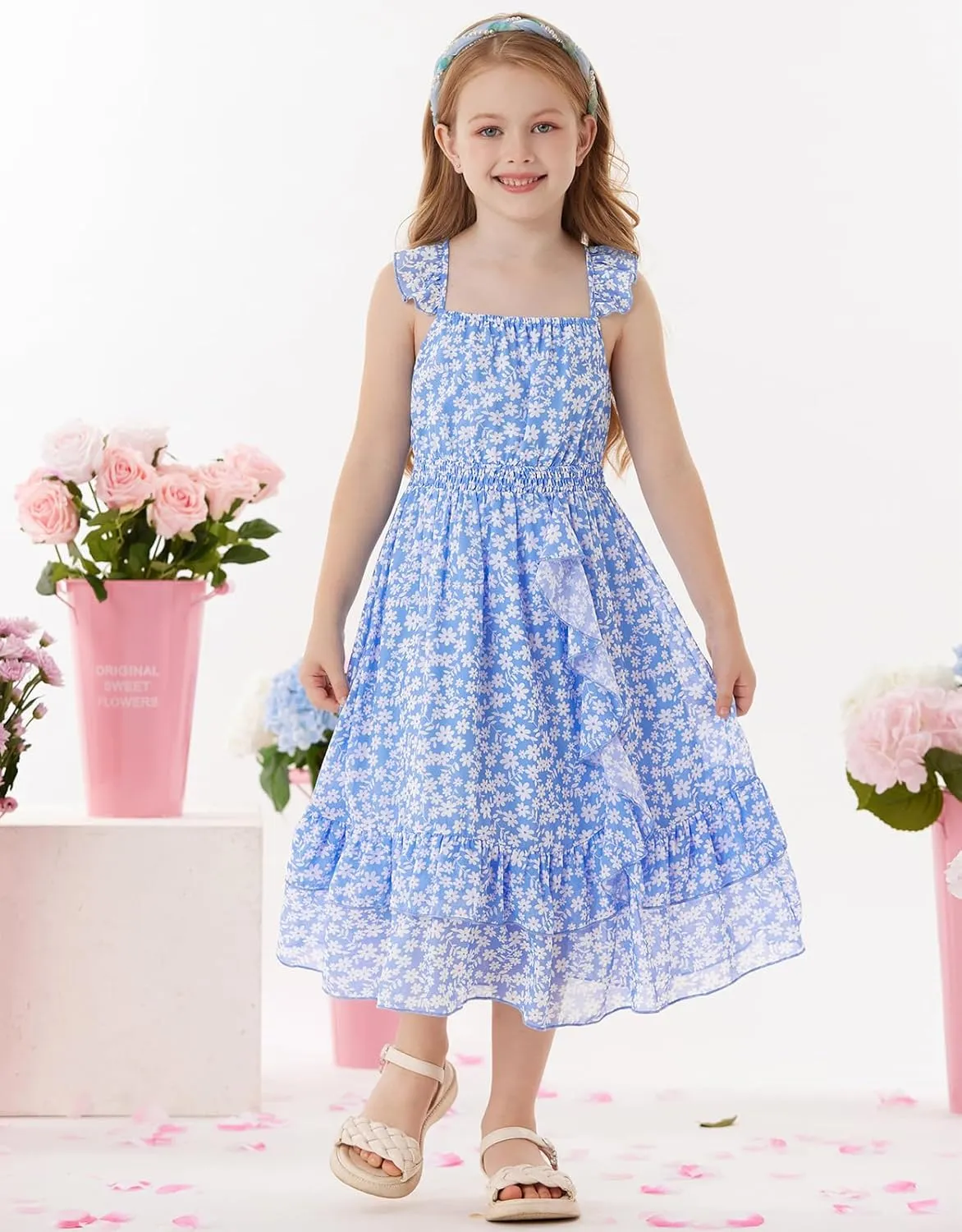 GRACE KARIN Girls Floral Dress Summer Backless Chiffon Sleeveless Casual Boho Maxi Dresses 5-14Y