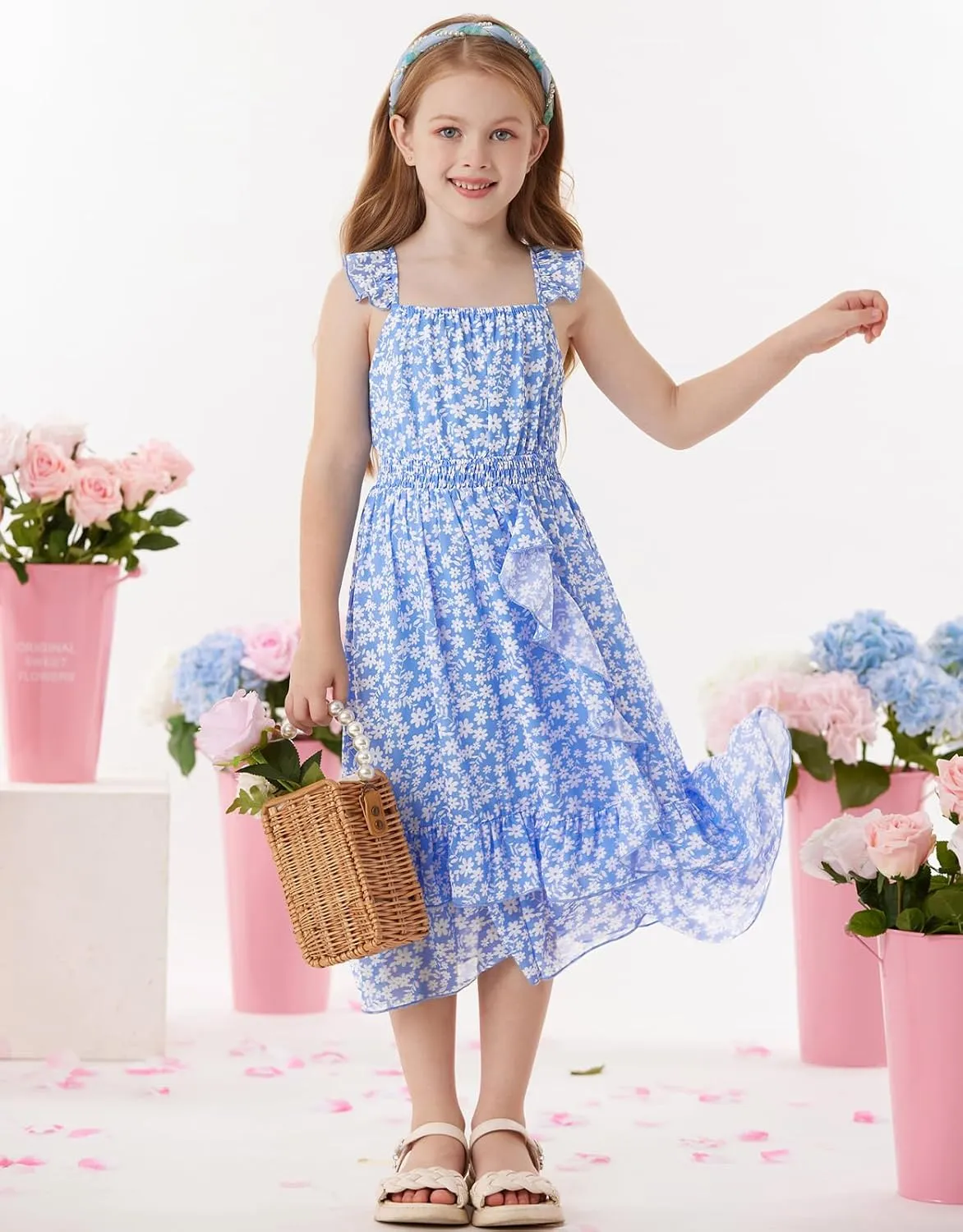 GRACE KARIN Girls Floral Dress Summer Backless Chiffon Sleeveless Casual Boho Maxi Dresses 5-14Y