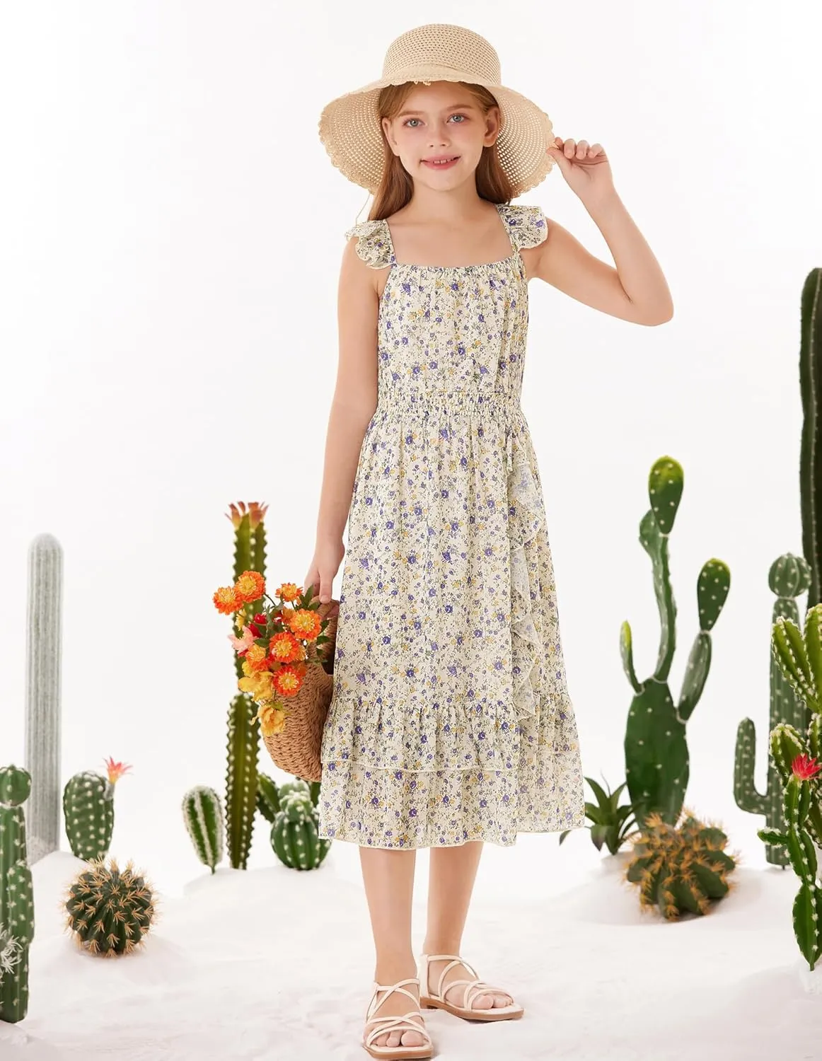 GRACE KARIN Girls Floral Dress Summer Backless Chiffon Sleeveless Casual Boho Maxi Dresses 5-14Y