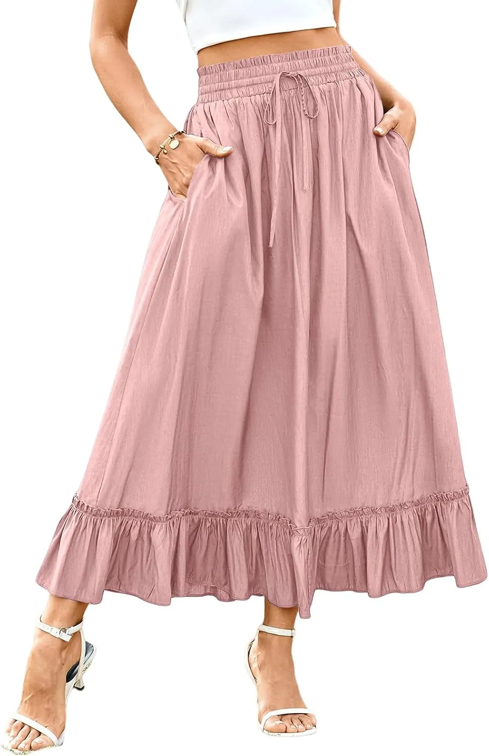 High Waist Tiered Skirts for Women Aline Long High Elastic Waisted Skirt Summer Flowy Boho Maxi Skirts Beach Dress