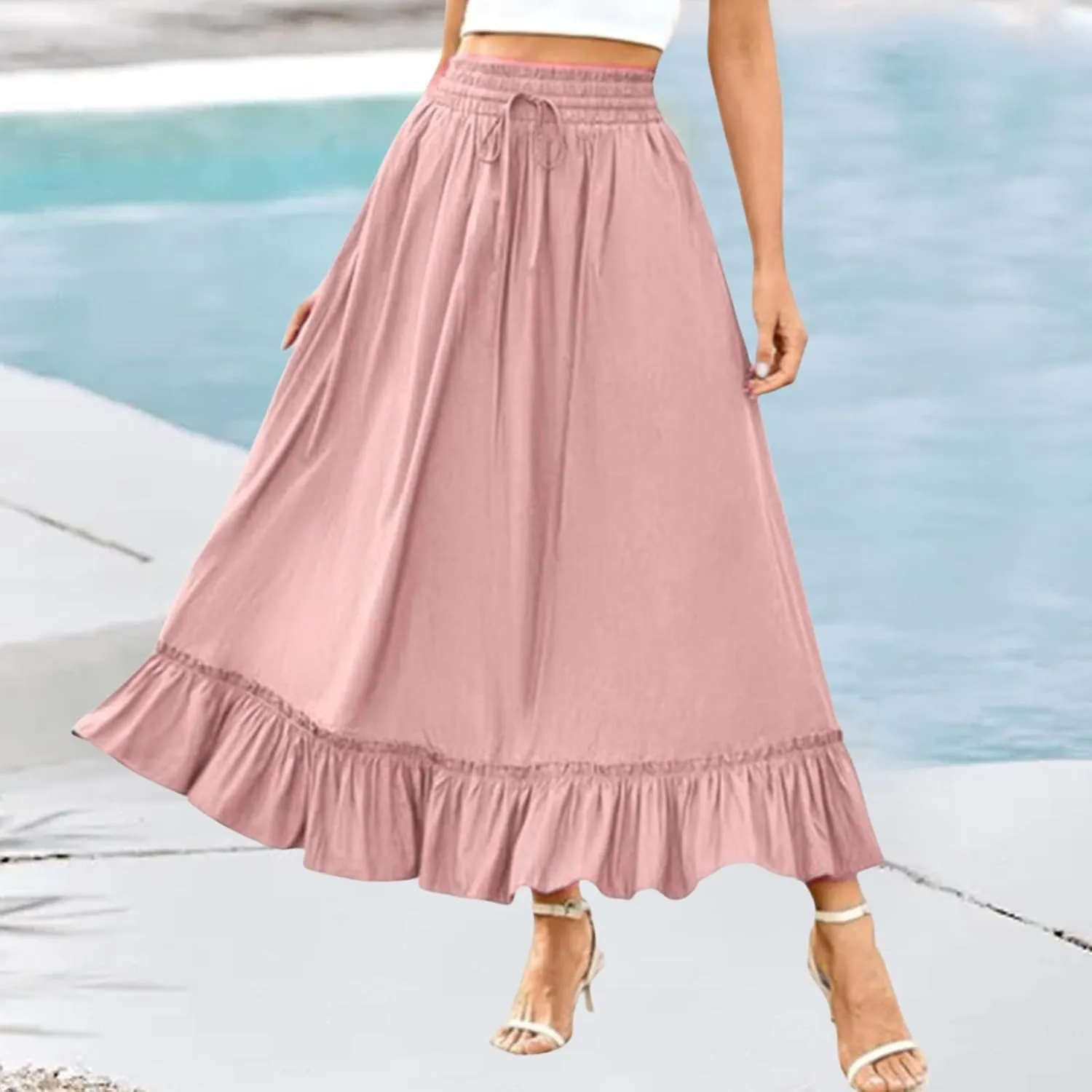 High Waist Tiered Skirts for Women Aline Long High Elastic Waisted Skirt Summer Flowy Boho Maxi Skirts Beach Dress