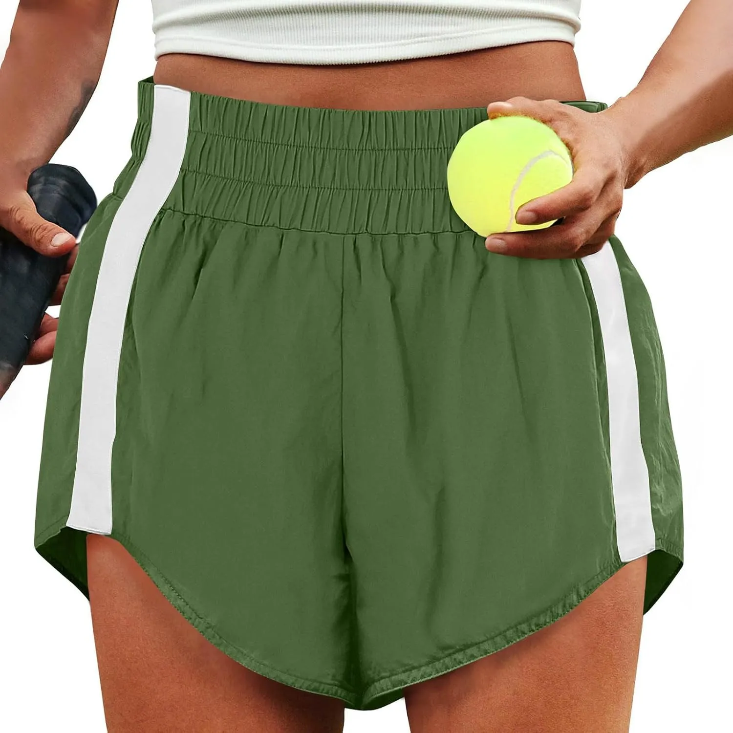 High Waisted Athletic Running Quick Dry Sports Shorts Lightweight Elastic Waist Tennis Shorts Side Stripes
