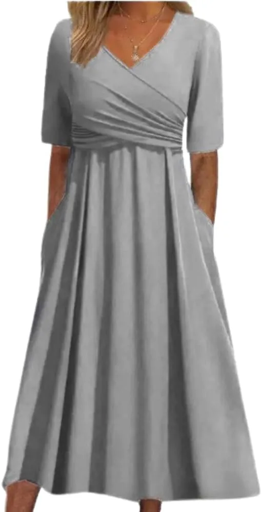 HOTYD Womens Wrap V Neck Midi Dress Pleated Short Sleeve Slim Fit Flowy A-line Dress Summer Casual Dresses with Pockets
