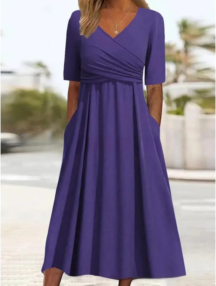 HOTYD Womens Wrap V Neck Midi Dress Pleated Short Sleeve Slim Fit Flowy A-line Dress Summer Casual Dresses with Pockets
