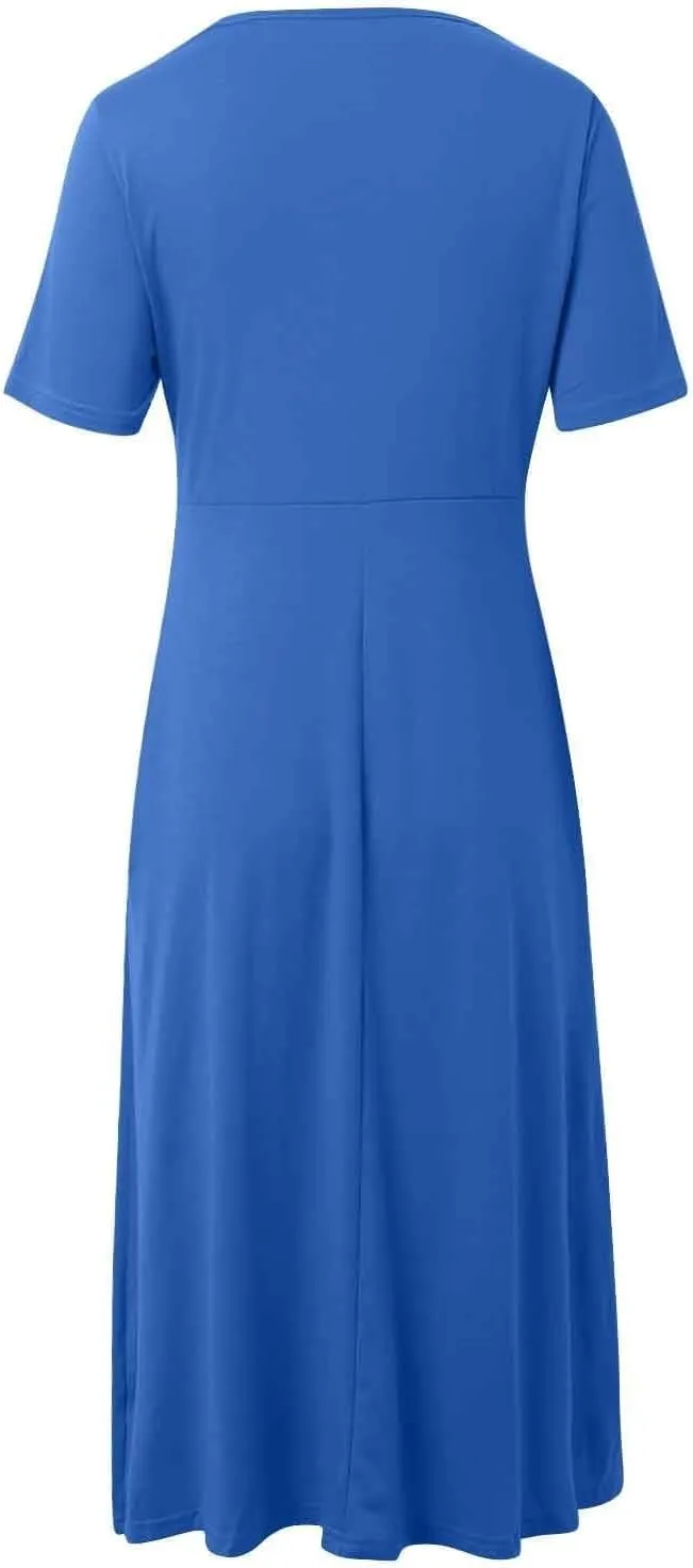 HOTYD Womens Wrap V Neck Midi Dress Pleated Short Sleeve Slim Fit Flowy A-line Dress Summer Casual Dresses with Pockets