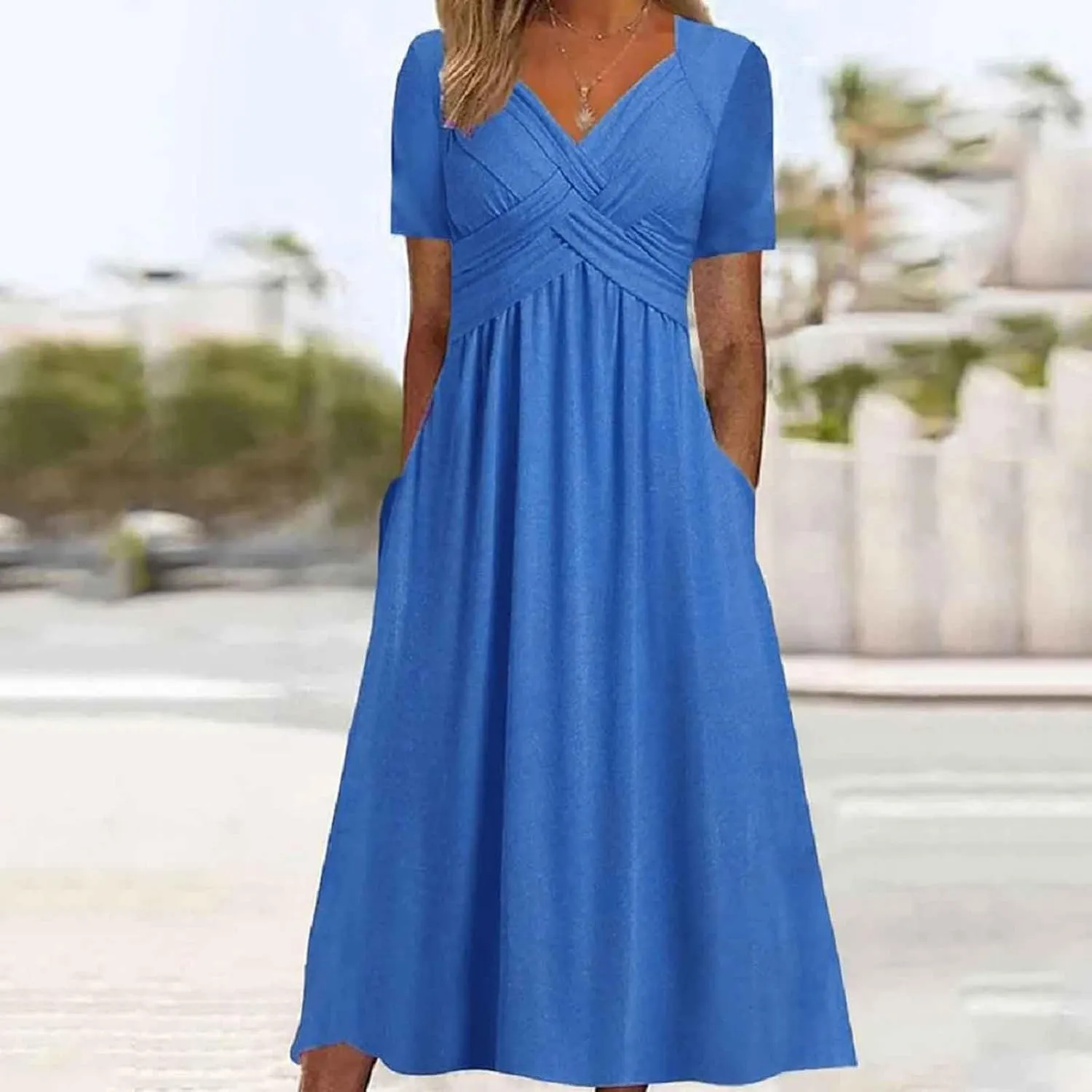 HOTYD Womens Wrap V Neck Midi Dress Pleated Short Sleeve Slim Fit Flowy A-line Dress Summer Casual Dresses with Pockets