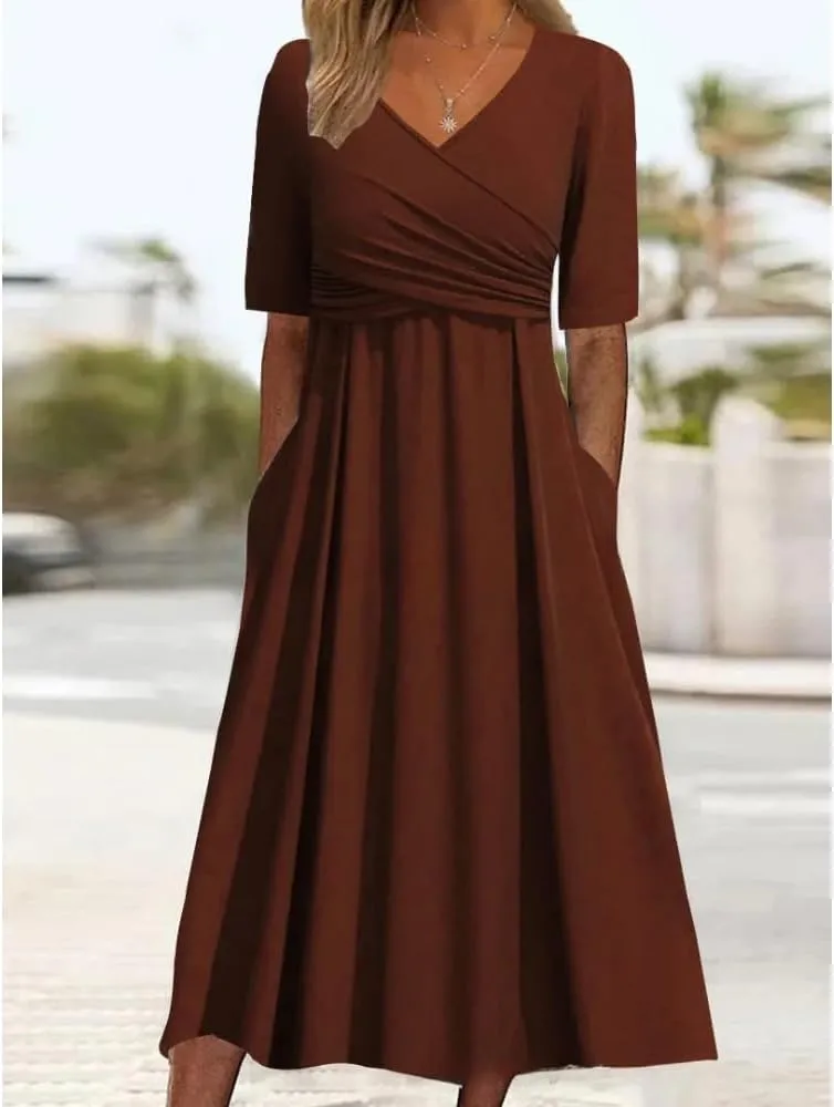 HOTYD Womens Wrap V Neck Midi Dress Pleated Short Sleeve Slim Fit Flowy A-line Dress Summer Casual Dresses with Pockets