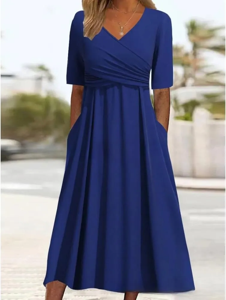 HOTYD Womens Wrap V Neck Midi Dress Pleated Short Sleeve Slim Fit Flowy A-line Dress Summer Casual Dresses with Pockets