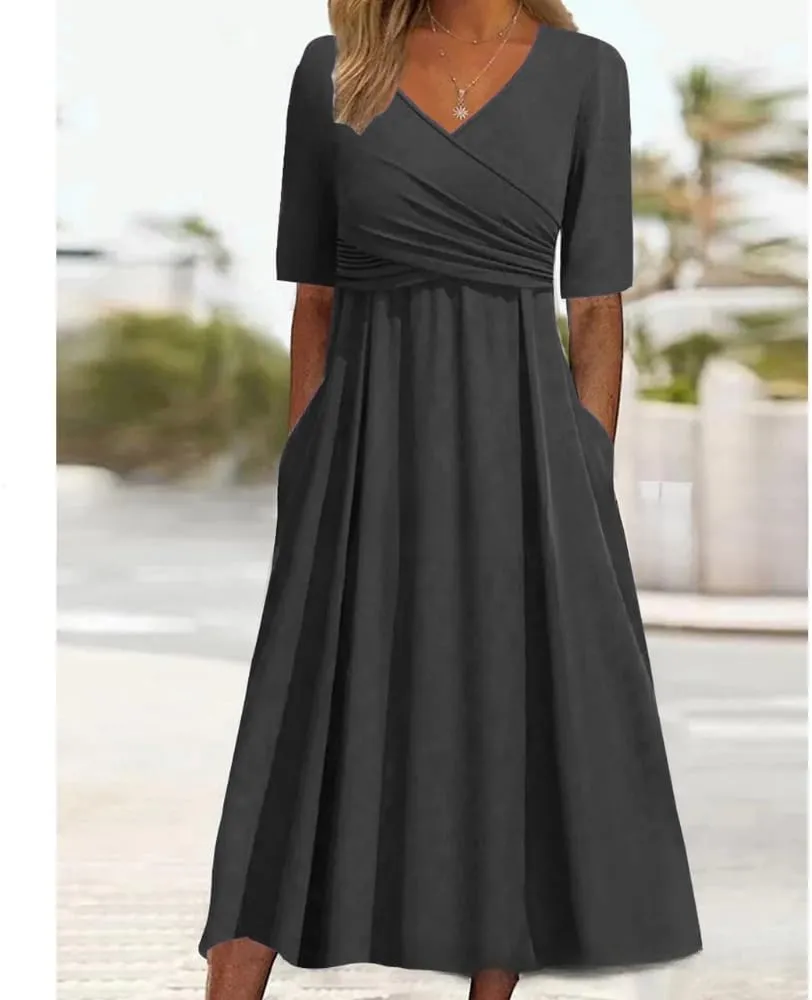 HOTYD Womens Wrap V Neck Midi Dress Pleated Short Sleeve Slim Fit Flowy A-line Dress Summer Casual Dresses with Pockets
