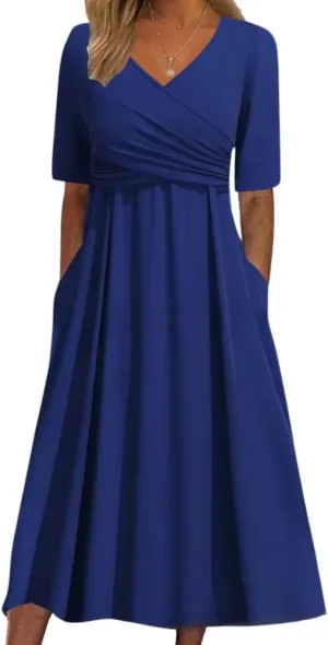 HOTYD Womens Wrap V Neck Midi Dress Pleated Short Sleeve Slim Fit Flowy A-line Dress Summer Casual Dresses with Pockets
