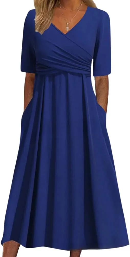 HOTYD Womens Wrap V Neck Midi Dress Pleated Short Sleeve Slim Fit Flowy A-line Dress Summer Casual Dresses with Pockets