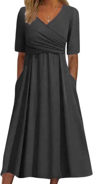 HOTYD Womens Wrap V Neck Midi Dress Pleated Short Sleeve Slim Fit Flowy A-line Dress Summer Casual Dresses with Pockets