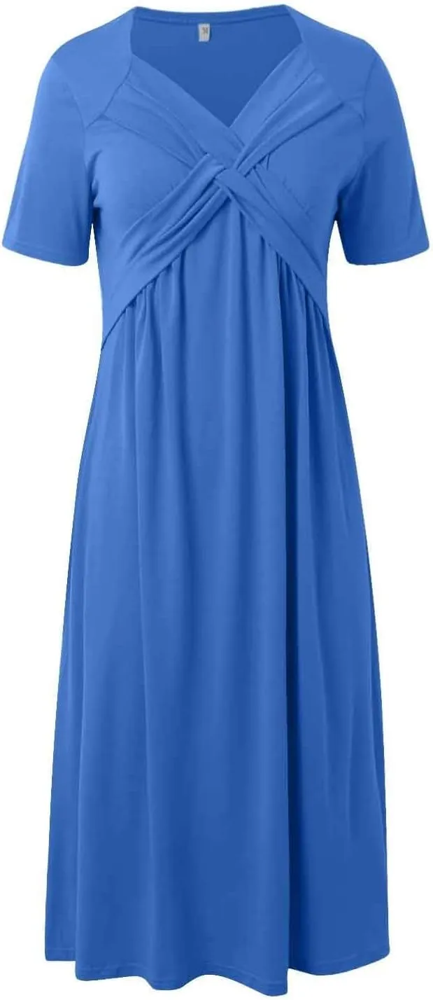 HOTYD Womens Wrap V Neck Midi Dress Pleated Short Sleeve Slim Fit Flowy A-line Dress Summer Casual Dresses with Pockets