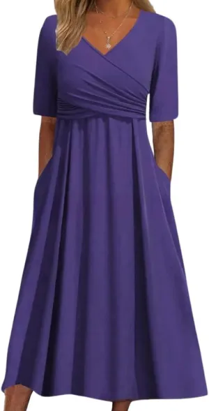HOTYD Womens Wrap V Neck Midi Dress Pleated Short Sleeve Slim Fit Flowy A-line Dress Summer Casual Dresses with Pockets