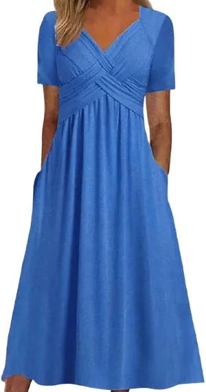 HOTYD Womens Wrap V Neck Midi Dress Pleated Short Sleeve Slim Fit Flowy A-line Dress Summer Casual Dresses with Pockets