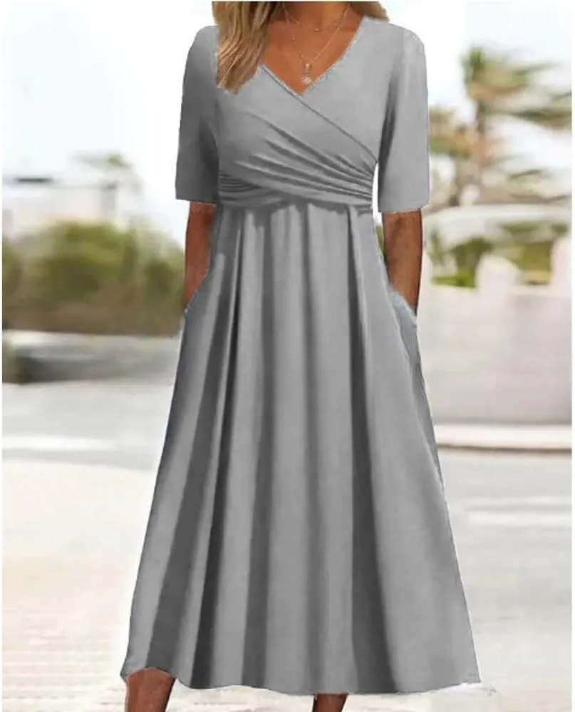 HOTYD Womens Wrap V Neck Midi Dress Pleated Short Sleeve Slim Fit Flowy A-line Dress Summer Casual Dresses with Pockets