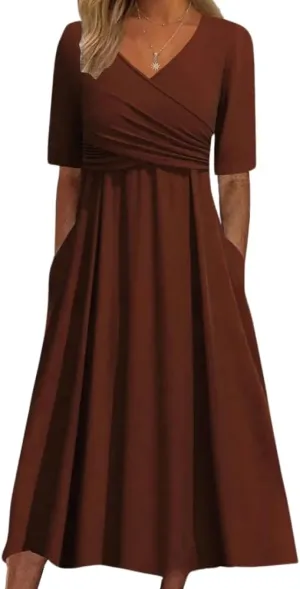 HOTYD Womens Wrap V Neck Midi Dress Pleated Short Sleeve Slim Fit Flowy A-line Dress Summer Casual Dresses with Pockets