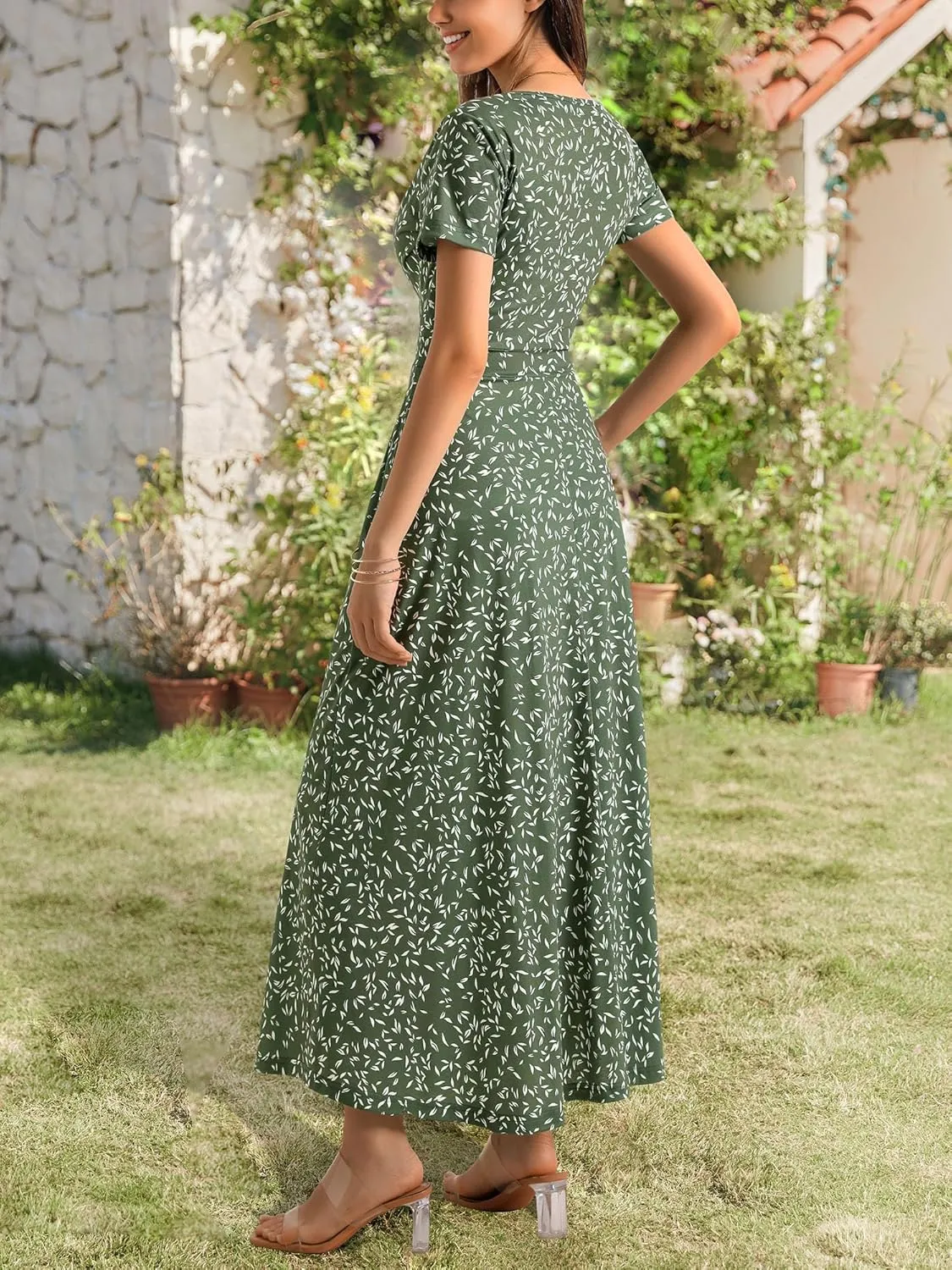HUHOT Women's Short Sleeve Wrap V Neck Dresses for Wedding Guest Summer Floral Maxi Sundresses with Pockets Boho Dress