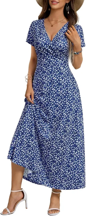 HUHOT Women's Short Sleeve Wrap V Neck Dresses for Wedding Guest Summer Floral Maxi Sundresses with Pockets Boho Dress