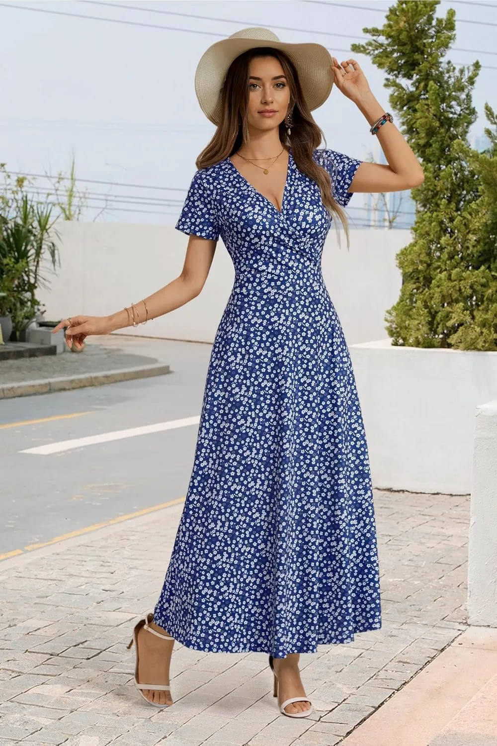 HUHOT Women's Short Sleeve Wrap V Neck Dresses for Wedding Guest Summer Floral Maxi Sundresses with Pockets Boho Dress
