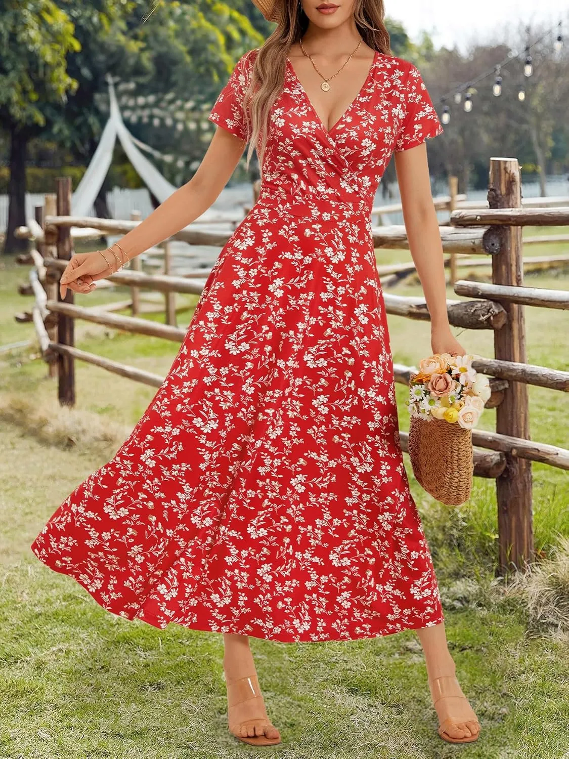 HUHOT Women's Short Sleeve Wrap V Neck Dresses for Wedding Guest Summer Floral Maxi Sundresses with Pockets Boho Dress