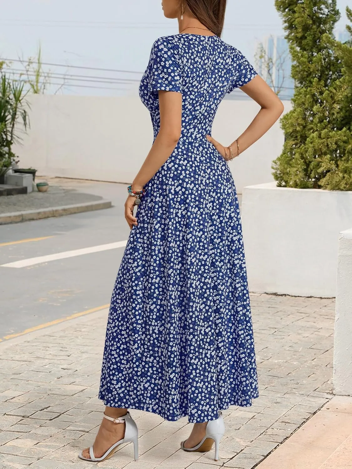 HUHOT Women's Short Sleeve Wrap V Neck Dresses for Wedding Guest Summer Floral Maxi Sundresses with Pockets Boho Dress