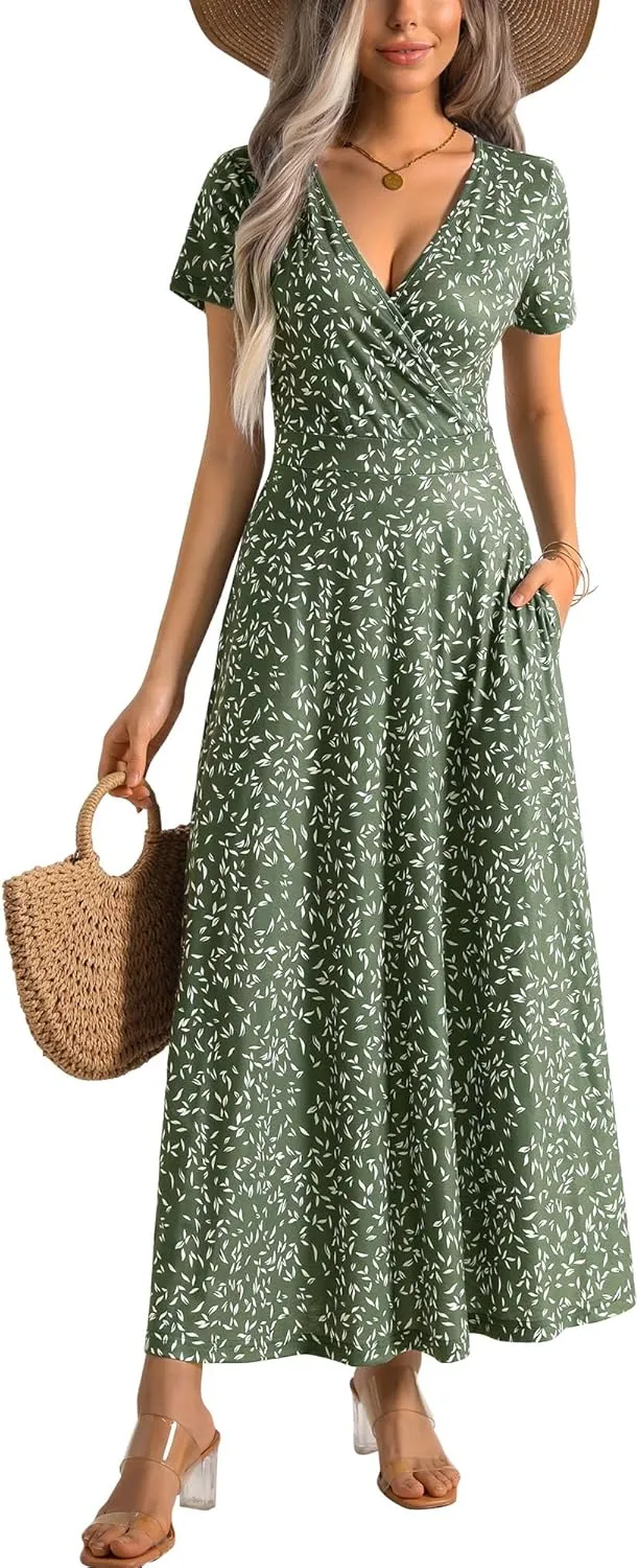 HUHOT Women's Short Sleeve Wrap V Neck Dresses for Wedding Guest Summer Floral Maxi Sundresses with Pockets Boho Dress