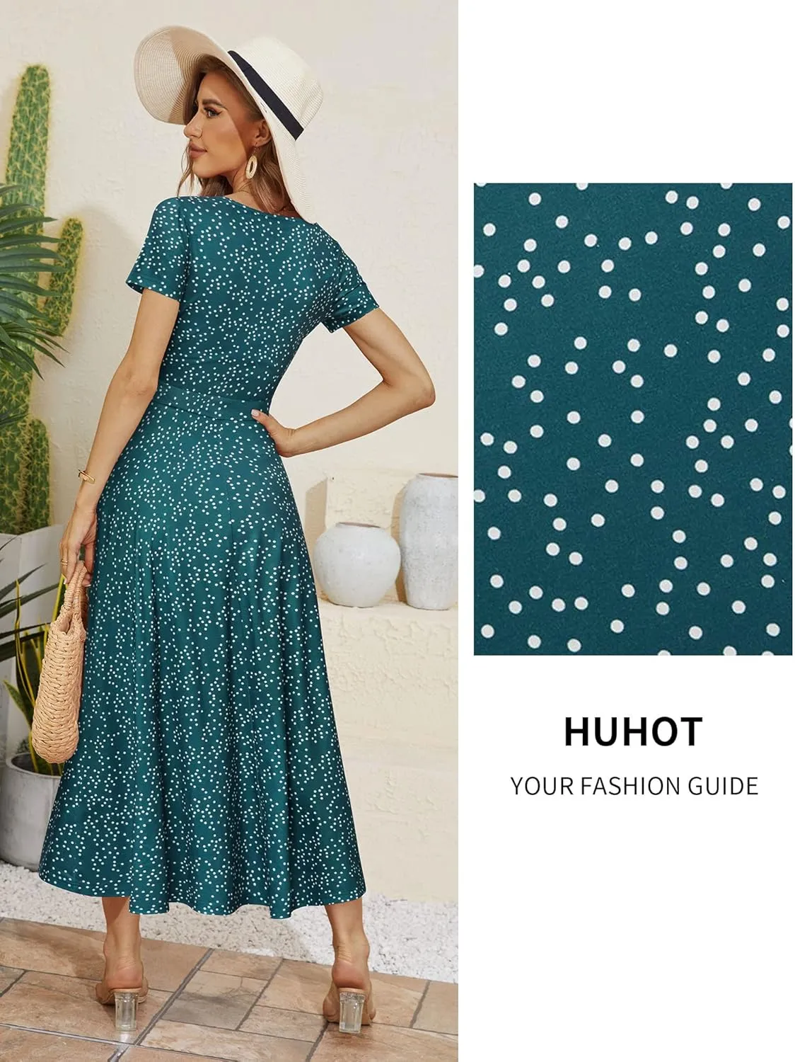 HUHOT Women's Short Sleeve Wrap V Neck Dresses for Wedding Guest Summer Floral Maxi Sundresses with Pockets Boho Dress