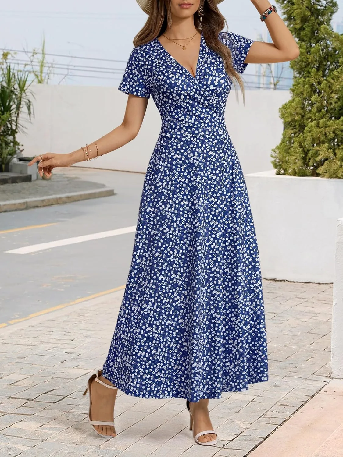 HUHOT Women's Short Sleeve Wrap V Neck Dresses for Wedding Guest Summer Floral Maxi Sundresses with Pockets Boho Dress