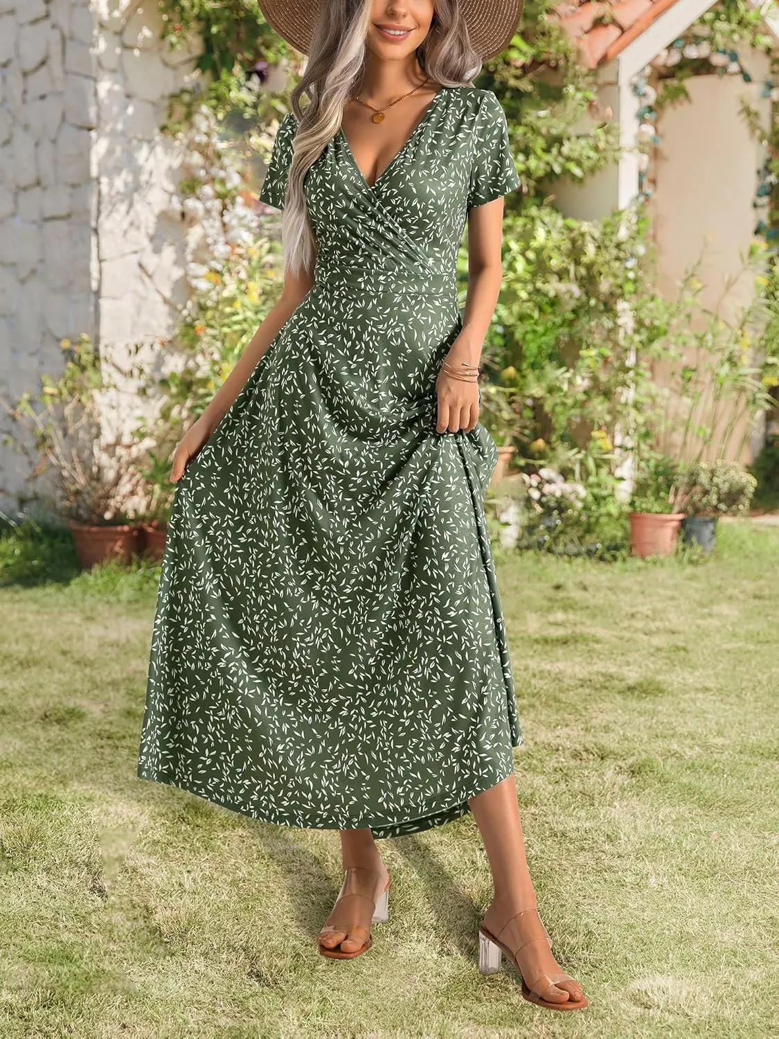 HUHOT Women's Short Sleeve Wrap V Neck Dresses for Wedding Guest Summer Floral Maxi Sundresses with Pockets Boho Dress